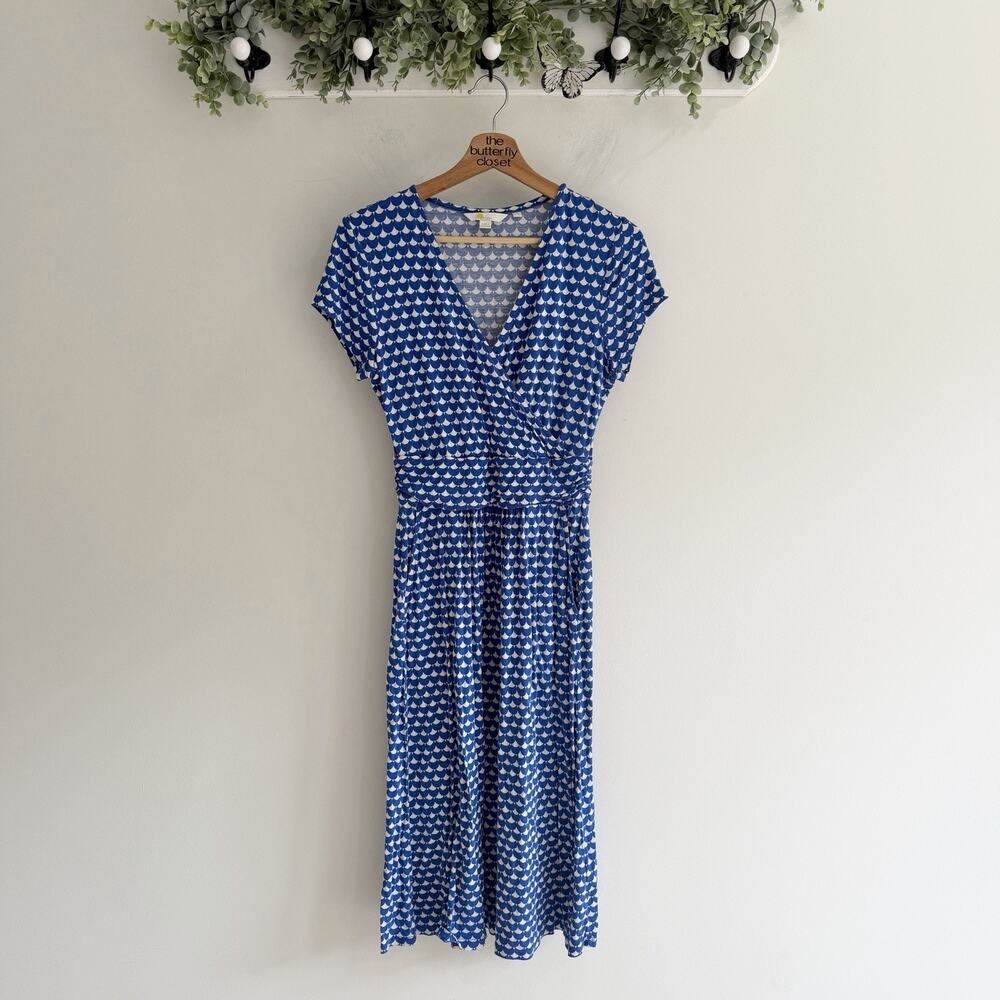BODEN Lola Scallop Print Jersey Midi Dress Blue Size 6L VV6022